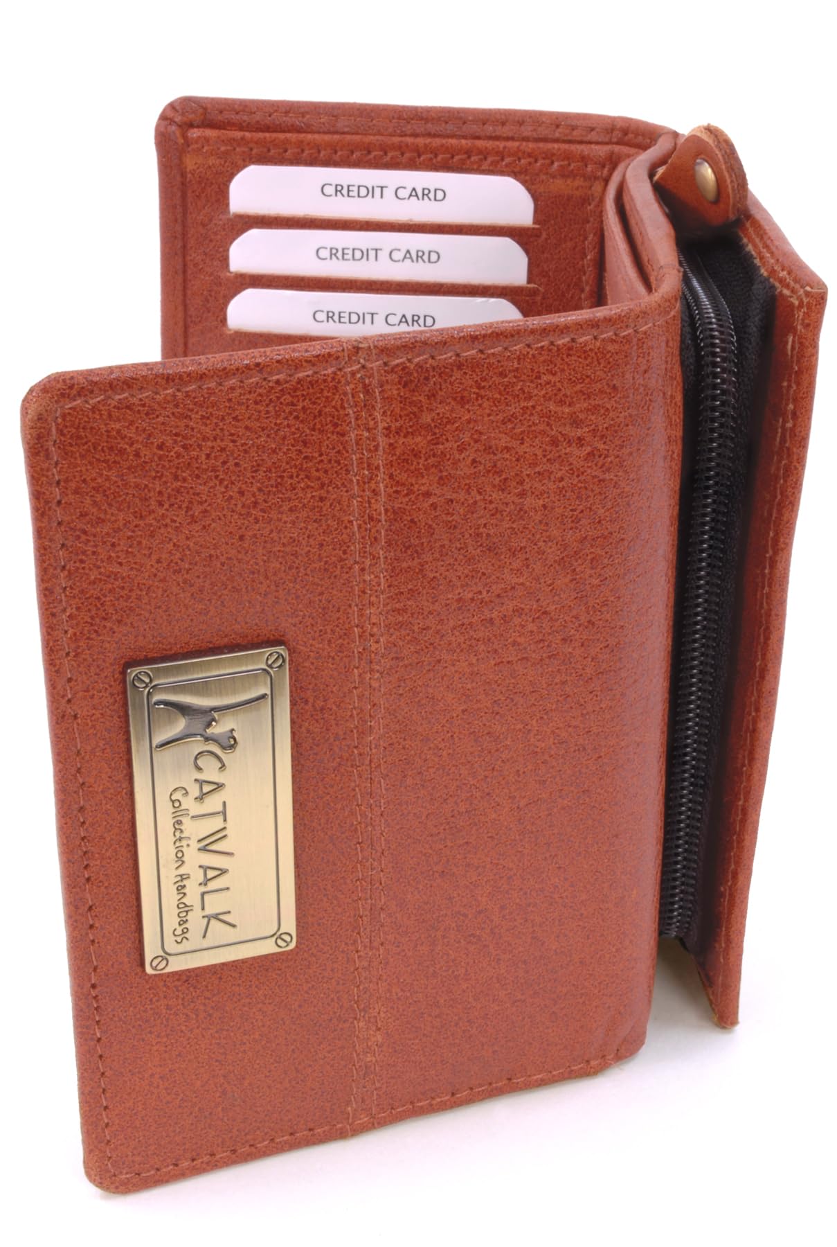 Catwalk Collection Handbags - Ladies Medium Leather Purse - Women's Trifold Wallet with 8 Card Slots & Zip Coin Pocket - RFID - Victoria - Tan