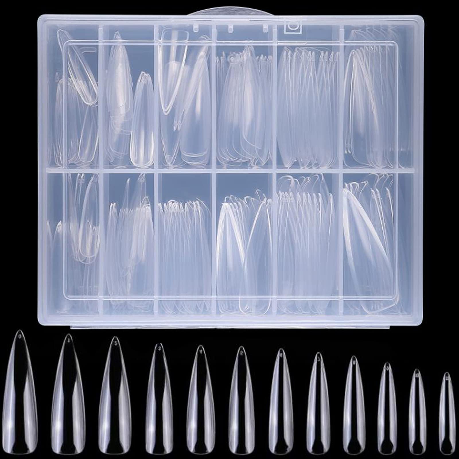 LoveOurHome 240pc Long Stiletto Nail Tips XL Clear Acrylic False Nails Pointy Stiletto Artificial Fake Nail Art Tips Full Cover 12 Size Manicure DIY Fingernails Design Nail Decor for Women Girls - Image 6