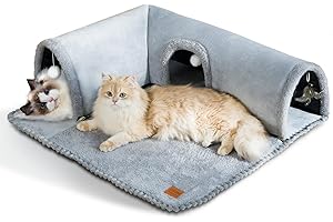 CATISM Cat Bed with Tunnel - Cat Beds for Indoor Cats 3-Way Ports 3 Toys, Soft Cave, Large Tunnel, Detachable Rug, Non-Slip Bottom Carpet for Kitten Ferrets Small Animals