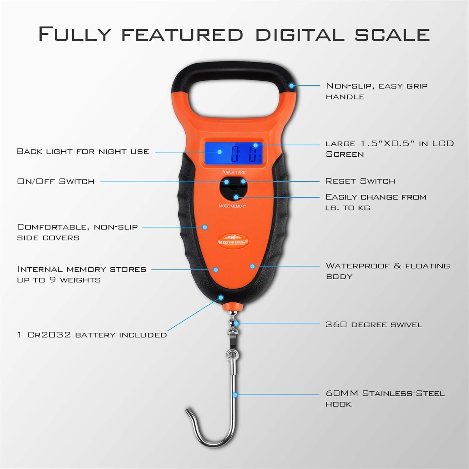 KastKing Waterproof Floating Digital Fishing Scale with No-Puncture Lip Gripper. Dual Mode - Pounds/Ounces & Kilograms. 0-50 Lbs/22.68 Kg, Lightweight ABS Frame, Non-Slip Handle. : Sports & Outdoors