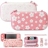 FUNDIARY Pink Sakura Carrying Case for Nintendo Switch Lite, Cute Travel Cases Girl Accessories Kit with Slim Potrable Storage Bag, Soft TPU Cover Case, Shoulder Strap and Thumb Caps