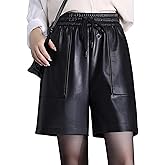 HaoMay Women's Drawstring High Waist Wide Leg Black Faux Leather Shorts Pockets