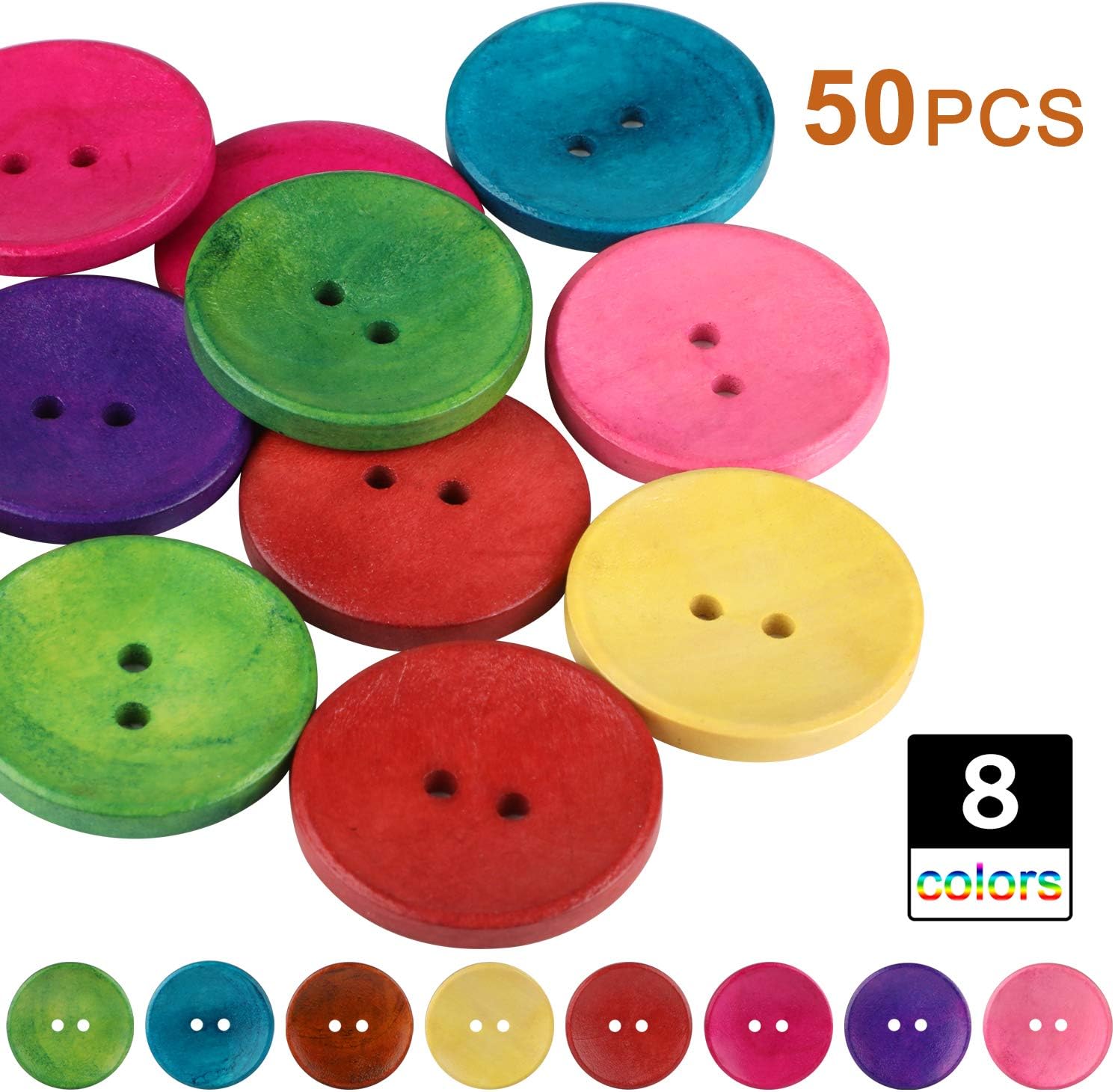 LYLFL Wood Sewing Buttons [50PCs], 2 Holes Round Mixed 3cm(1 1/8") Dia.