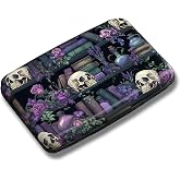 Maicican Credit Card Holder, Mini RFID Blocking Aluminum Wallet | Slim Metal Hard Case Travel Wallet ID Case for Women and Men, 4.3 x 2.9 Inches, Purple Flowers and Skulls
