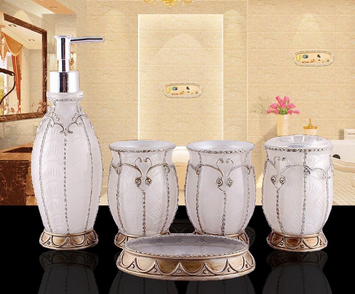 HONGS Eastern Style Engraving Golden Flower Bathroom Accessories Set 5-Pieces Soap Dispenser/Toothbrush Holder/Tumbler/Soap Dish