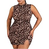 Floerns Women's Plus Size Leopard Mini Dress Sleeveless Mock Neck Split Hem Bodycon Dresses