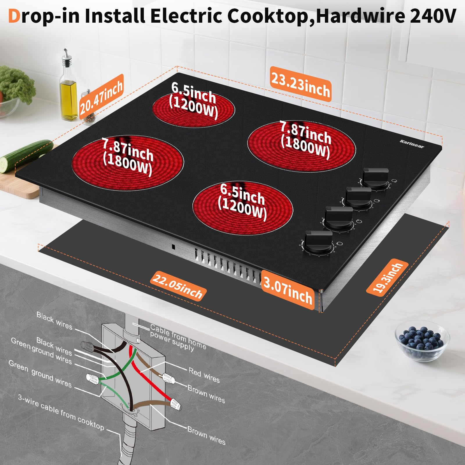 Karinear 4 Burner Electric Cooktop 24 Inch, Built-in Stove Top, 220-240v Radiant Cooktop with Knob Control, Residual Heat Indicator, Over-Temperature Protection, Hard Wire(No Plug)