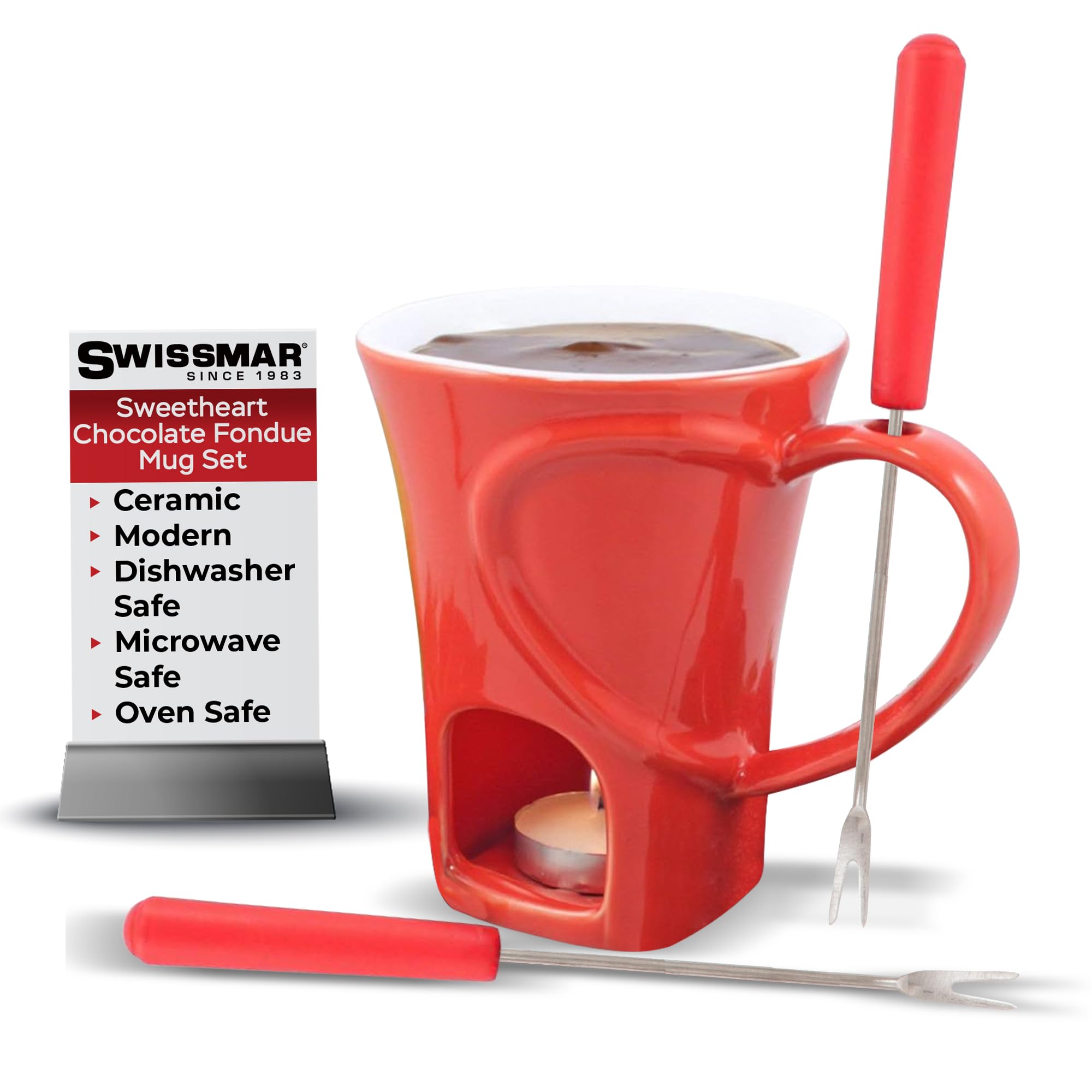 Swissmar F12066 Sweetheart Chocolate Fondue Mug Set 4-Piece, Ceramic/Stainless Steel, Red, 120ml, Tealight Candle Heated, Dishwasher Safe, Gift Boxed