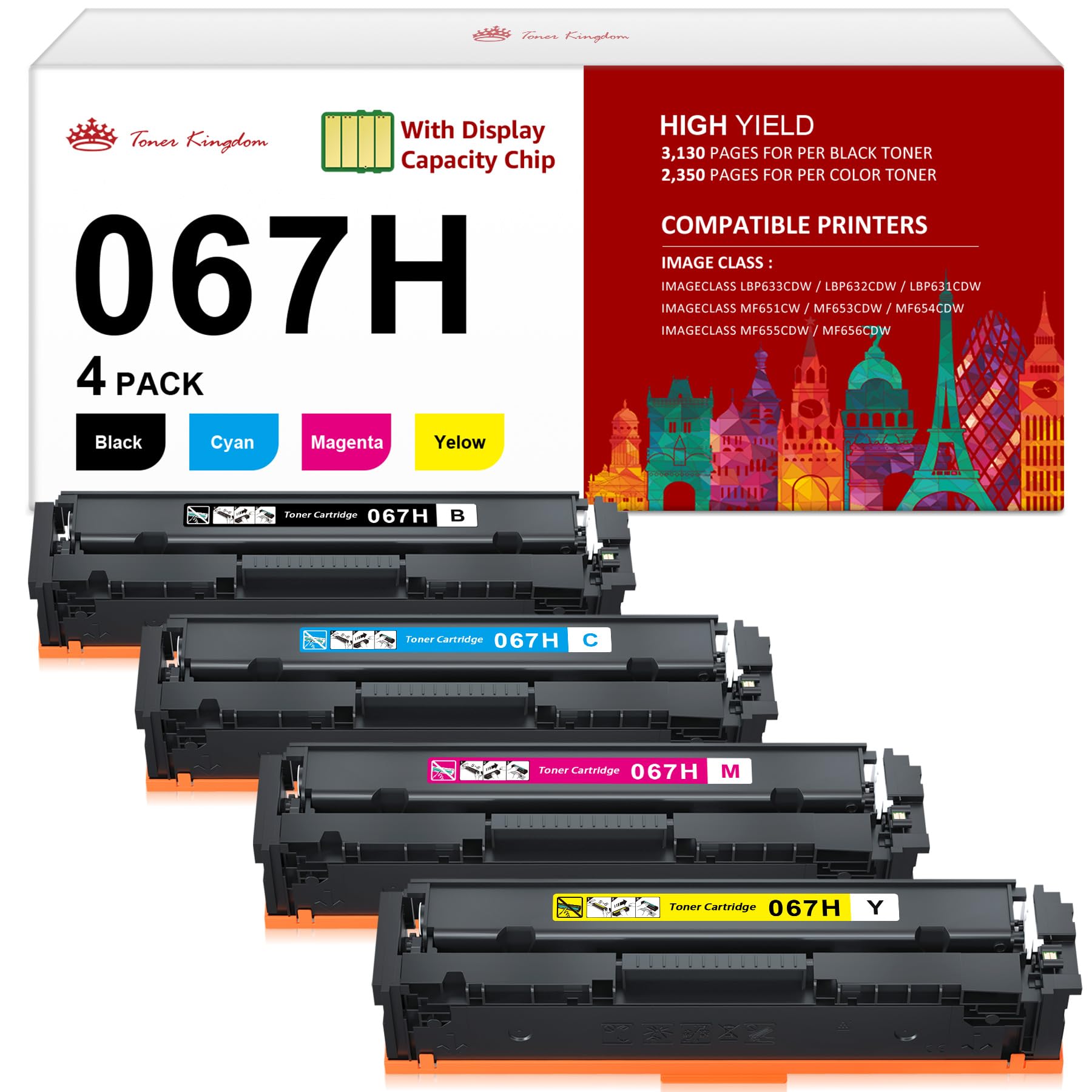 Toner Kingdom Compatible Canon 067H 067 Toner Cartridge Set 4 Pack Replacement for Canon 067H Toner Compatible for Color ImageClass MF656Cdw LBP632Cdw MF653Cdw MF654Cdw LBP633Cdw MF650C LBP630C Toner Image