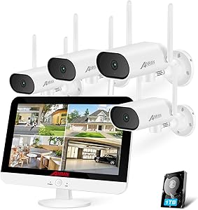[8CH Expandable and Audio Recording] ANRAN All in One Wireless Security Camera System with 13" LCD Monitor &1TB Hard Drive,8 Channel NVR 4Pcs 3MP Pan/Zoom WiFi Surveillance Cameras with One-Way Audio