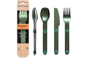 FULL WINDSOR - MAGWARE Magnetic Camping Cutlery Set - Travel Utensils for Camping, Cooking, and Outdoor Dining - Knife, Fork & Spoon - Portable Silverware with Pouch - Green (3 PCS)