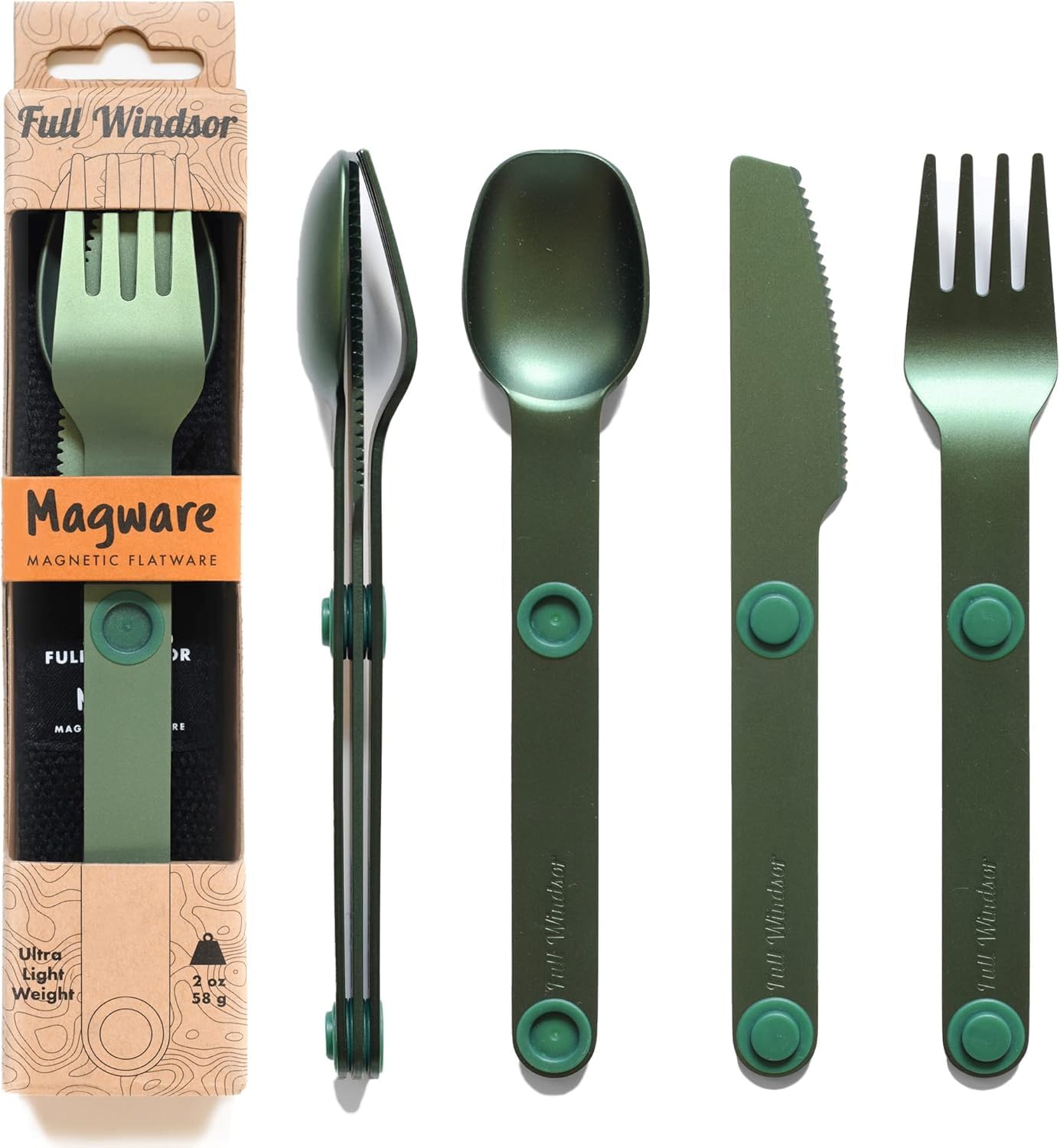 Photo 1 of FULL WINDSOR - MAGWARE Magnetic Camping Cutlery Set - Travel Utensils for Camping, Cooking, and Outdoor Dining - Knife, Fork & Spoon - Portable Silverware with Pouch - Green (3 PCS)