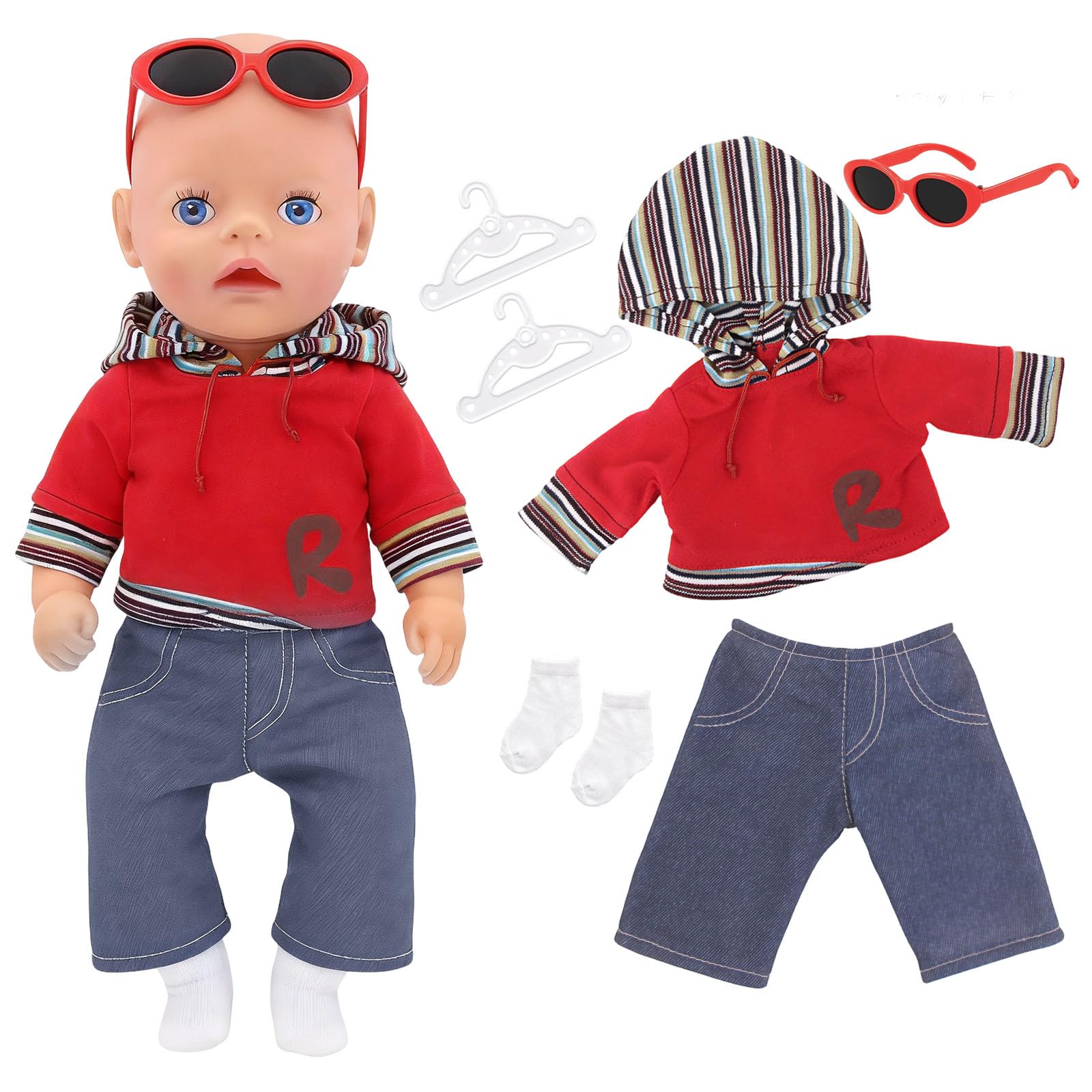 Atomvia Doll Clothes for 12–14 Inch Dolls, 30-35cm Cool Doll Outfit with Red Hoodie, Denim Pants, Socks, Sunglasses & Hangers, Casual Doll Accessories (No Doll)