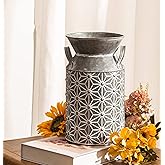 Vintage Galvanized Metal Milk Can, Farmhouse Decorative Flower Vase, Rustic French Country Milk Jug for Home Decor,10.6''H…
