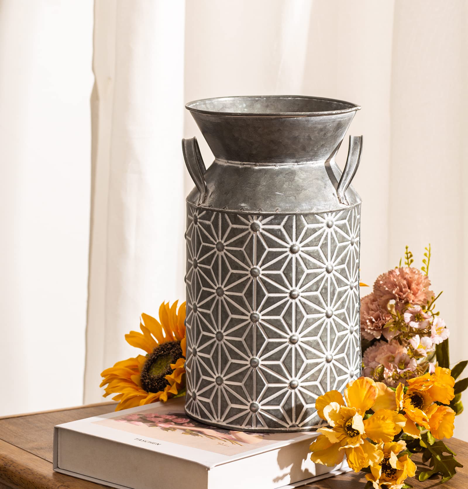 Venalys Galvanized Flower Jug Vase, Farmhouse Decorative Milk Can, Rustic Metal Milk Jug Vase for Flowers