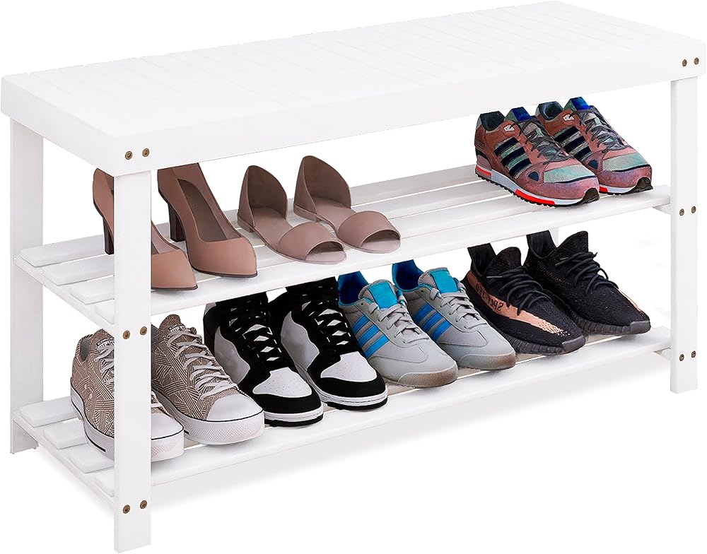 SMIBUY Bamboo Shoe Rack Bench 3-Tier White Entryway Organizer