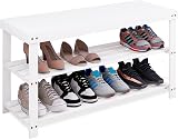 SMIBUY Bamboo Shoe Rack Bench 3-Tier White Entryway Organizer