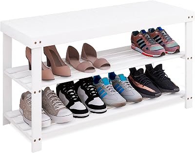 SMIBUY Bamboo Shoe Rack Bench 3-Tier White Entryway Organizer