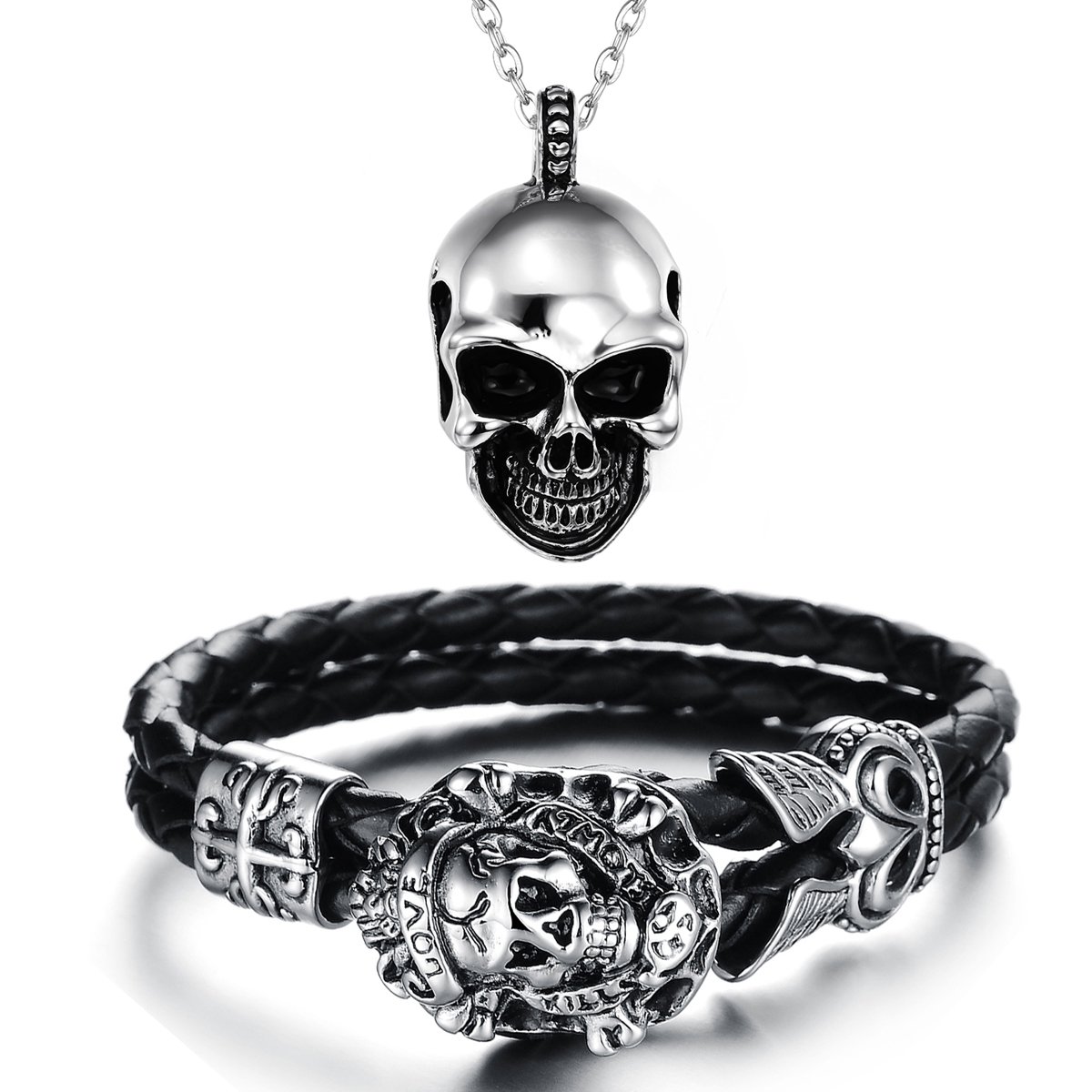 Aroncent Gothic Punk Rock Stainless Steel Necklace Braided Leather Rope Bracelet with Skull 2 Pcs Set