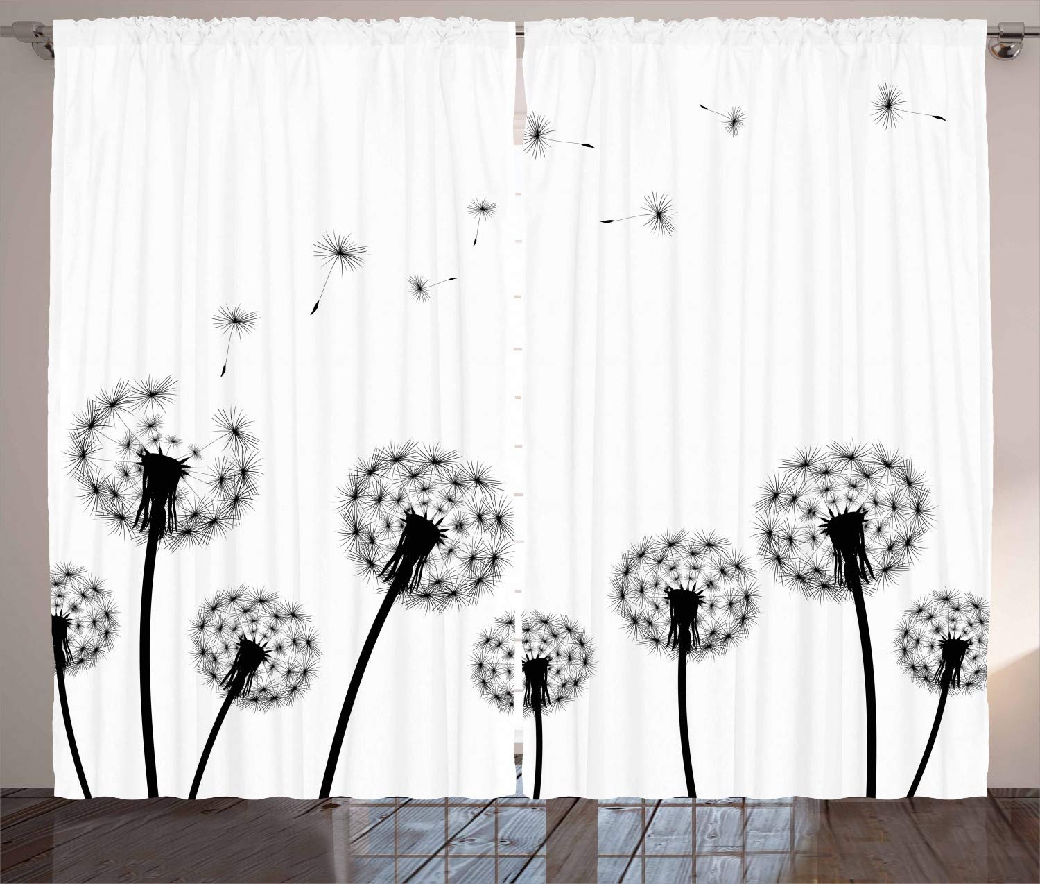 ABAKUHAUS Dandelion Curtains, Monochrome Black Flower Silhouettes Wind Effect Blowball Plant Pollens Nature, Living Room Bedroom Window Drapes 2 Panel Set, 280 x 175 cm, White and dark gray