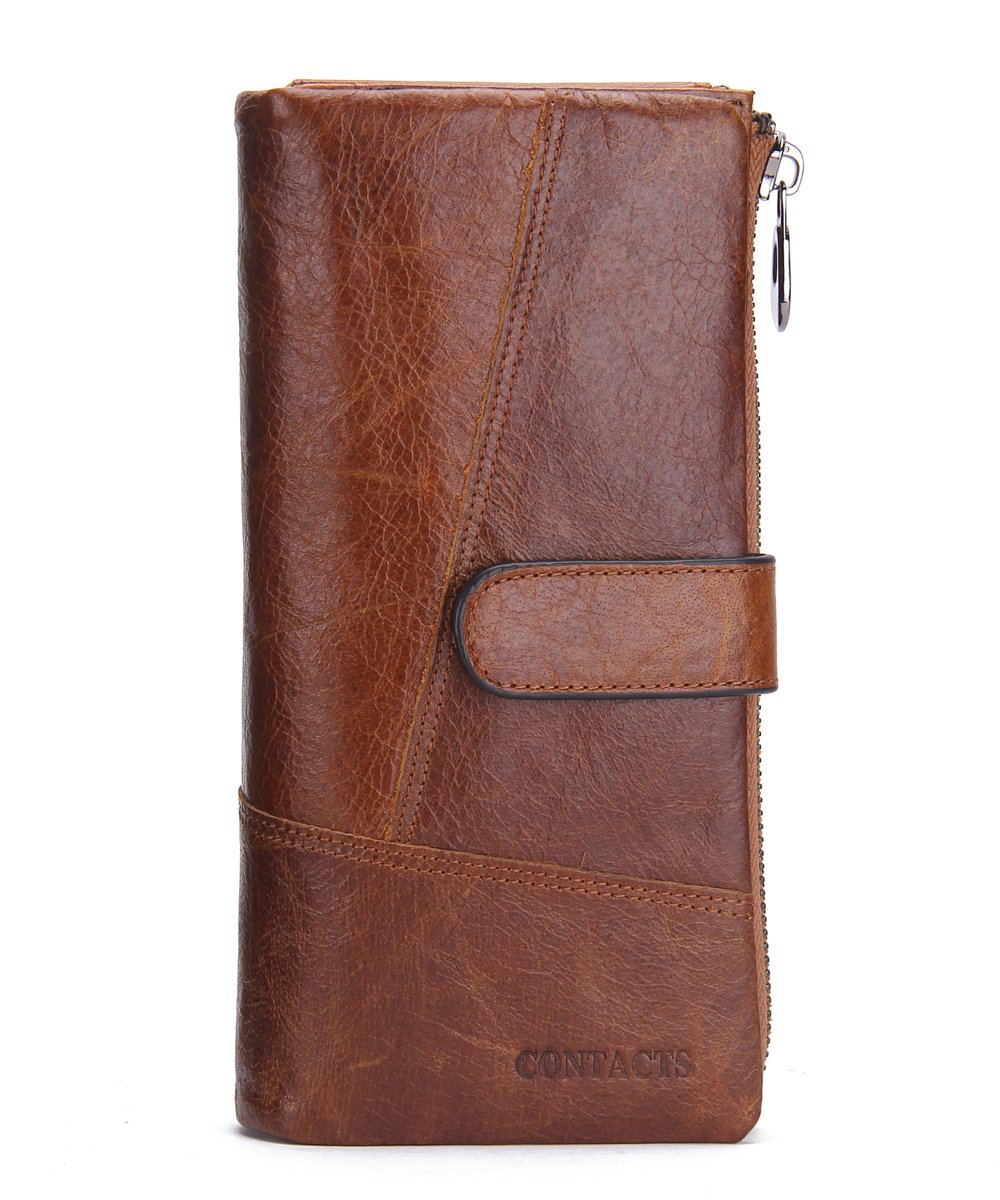 CONTACTS Genuine Leather Zipper Wallet with 12 Card Slots, Brown, Taille Unique, Vintage