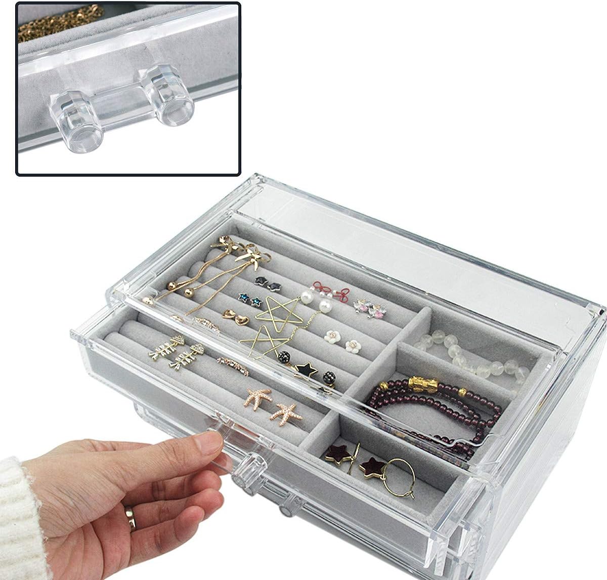 Acrylic Jewelry Box 3 Drawers, Velvet Jewellery Organizer, Earring Rings Necklaces Bracelets Display Case Gift for Women, Girls: Home Improvement