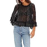 Women Long Sleeve Lace Top Mesh Floral Sheer Shirts Blouse Sexy See Through Casual Crop Tops for Streetwear