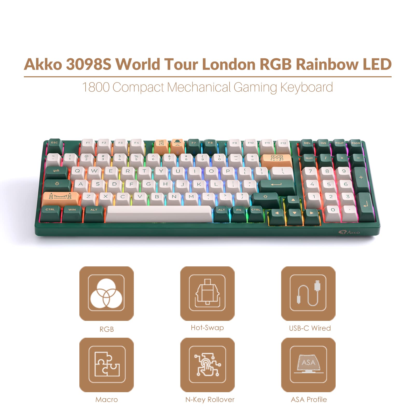 Akko 3098S 1800 Compact Hot Swappable Mechanical Keyboard, 98-Key Wired Gaming Keyboard with PBT Double-Shot Keycaps and Tactile Switches for Mac & Win (Jelly Purple)