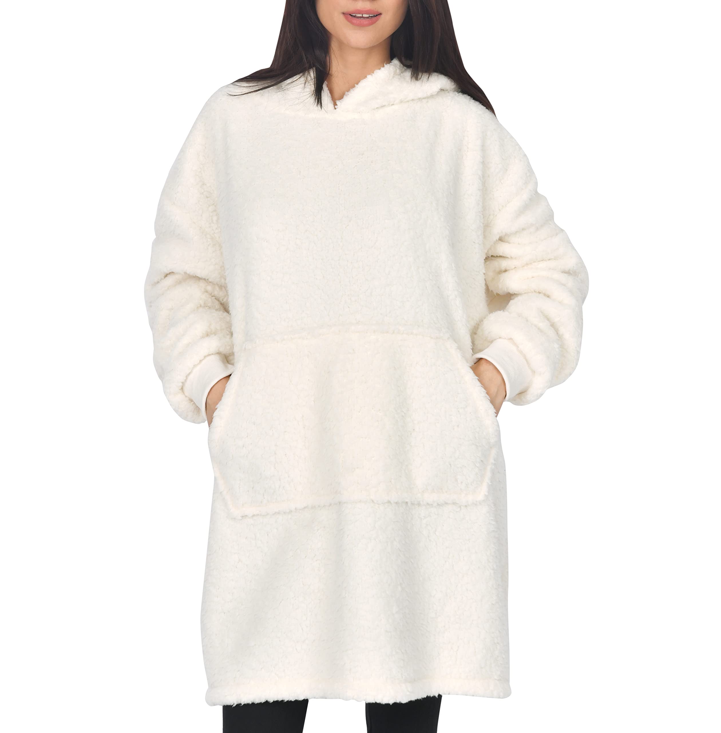 Sleepdown Womens Ladies Single Layer Borg Blanket Hoodie Warm Soft Cosy Loungewear - One Size - Cream