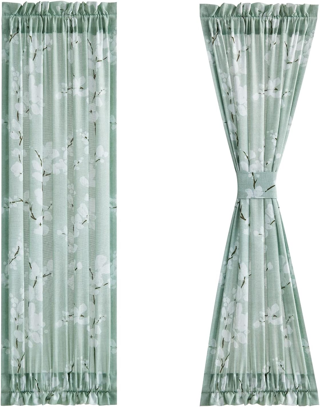 Outdoor Curtains - Side Light French Door Curtains White Green Botanical Blossom Print Door Panel Curtains Privacy Front Door Curtains for Sliding Glass Door Patio Door Windows Rod Pocket 26”W x 72” L 2 Panels