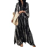 Moss Rose Women Summer Caftan Coverups Dress Kimono Beach Vacation Wear V Neck Print Maxi Boho Dress