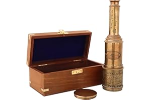 PORTHO Antique Working Victorian Telescope, Spyglass, Kids Scope Replica in Wooden Box| Extends to 19 inches| Made of Pure Brass| for Vintage Home Decor, Collection| Glass Optics based