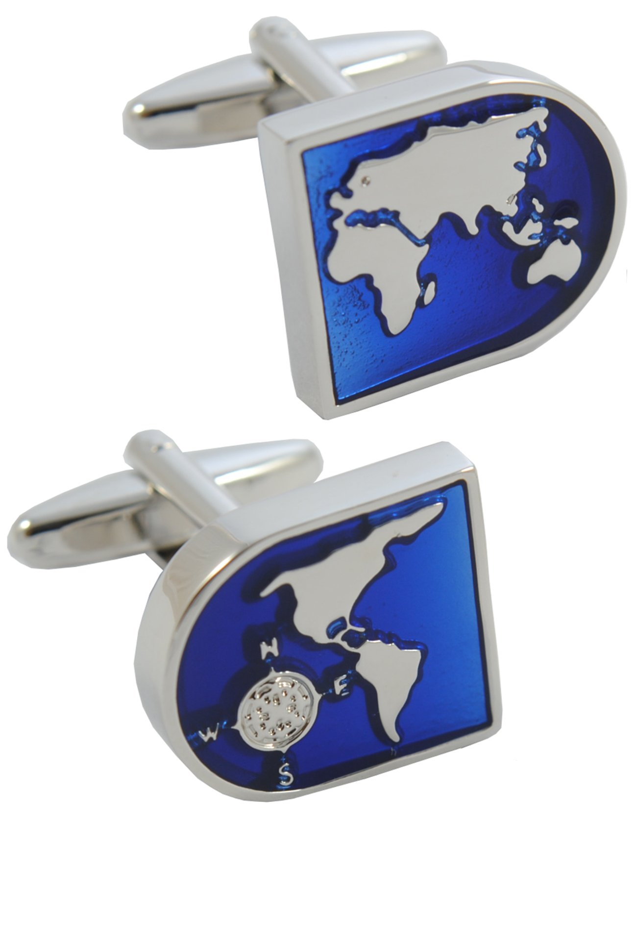 Cufflinks for Men + Presentation Box - Navy Blue and Silver Colours - World Map - Brass Metal - Blue and Silver Coloured Earth Face - Travel The Globe - One Pair