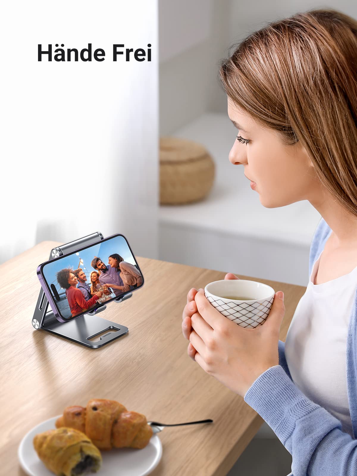 UGREEN Handy Ständer Verstellbar Aluminium Handyständer für Tisch Handyhalterung Handyhalter Schreibtisch kompatibel mit iPhone 17 16 15 14 13 Pro Max, Galaxy S23 Ultra, Huawei bis 7,9 Zoll (Grau) 3