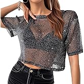 Testudineus Women's Summer Short Sleeve Tops See Through Mesh Sheer Sexy Glitter T Shirt Blouse