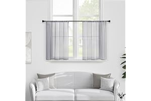 MRTREES Grey Sheer Curtains 34 x 36 inch Length Kitchen Tier Short Curtains Light Filtering Rod Pocket Voile Cafe Curtains for Kitchen Bathroom Small Half Window 2 Panels