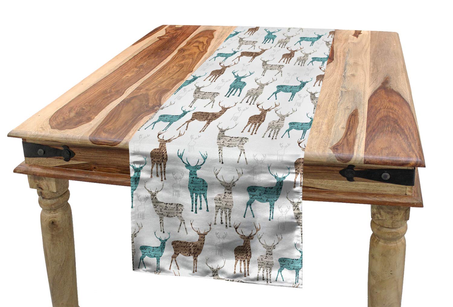 ABAKUHAUS Deer Table Runner, Animals with Old Text Pattern Christmas Theme Vintage Inspired Illustration, Dining Room Kitchen Rectangular Runner, 40 cm x 225 cm, Turquoise Beige Brown