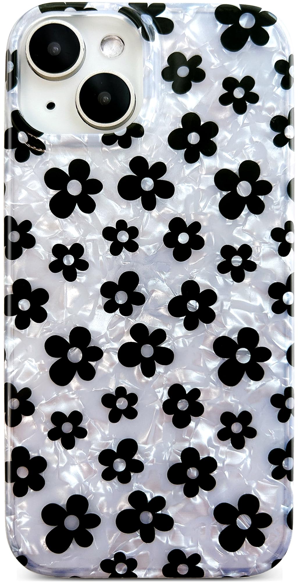 Qokey for iPhone 15 Case(2023 6.1 Inch), Vintage 70s Style Flower Design on Sparkling Shell Pattern, Soft Flexible Bumper, Lightweight Protective Phone Cover - Black Daisy