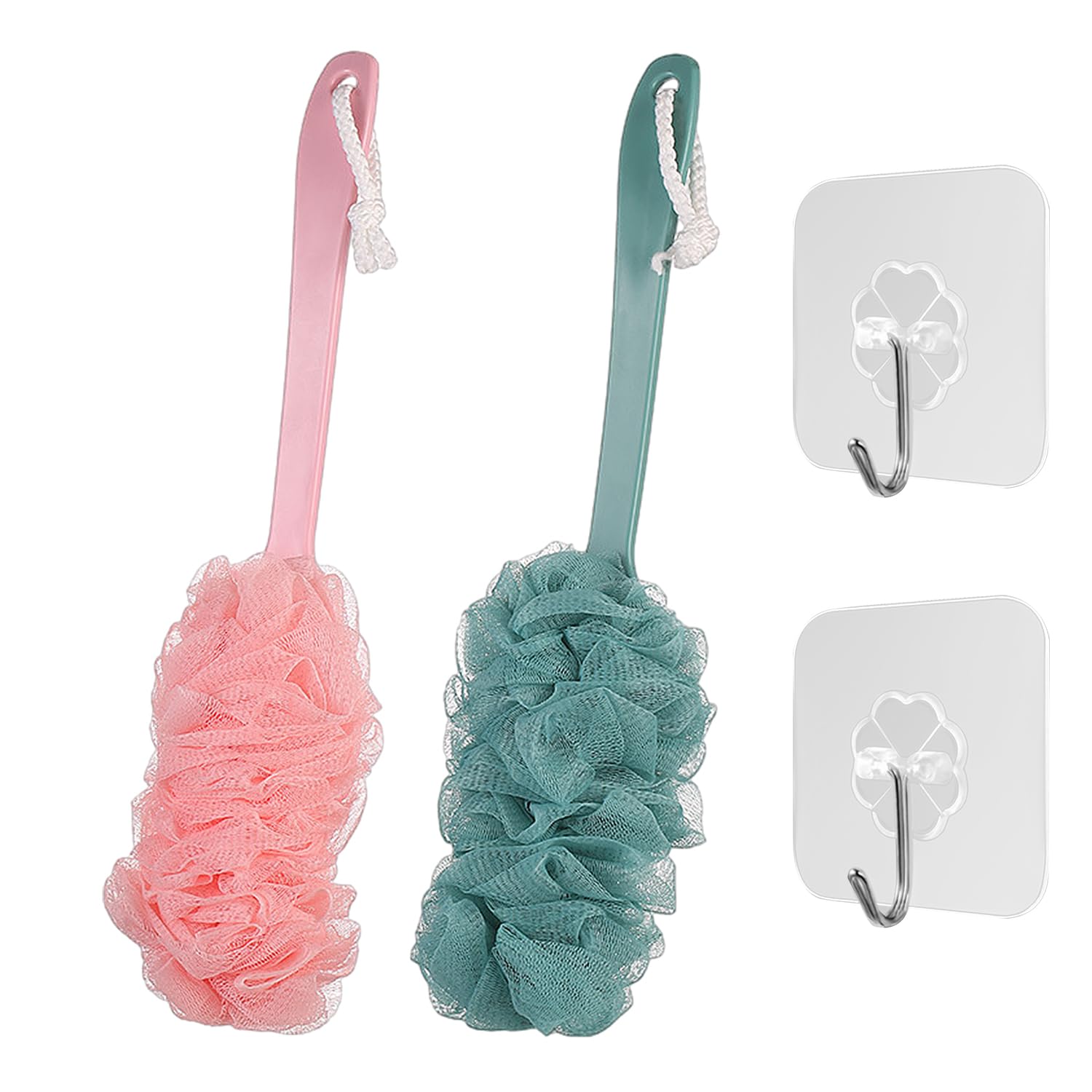 2 PCS Body Scrubbers, 2 PCS Hooks, Bath Accessories, Shower Sponge Bath Brush, Long Handle Shower Brush, Shower Brush, Shower Scrubber for Back, Body Exfoliation