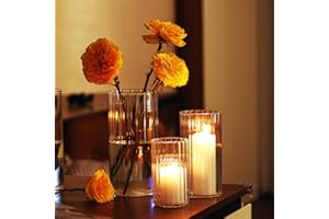yshengood 3 Pcs Glass Hurricane Candle Holder Ribbed Glass Candle Holder - Elegant & Easy to Use, Perfect for Wedding, Holiday, Party Decor, Home and Event Essential