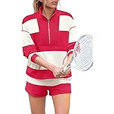 Panadila Womens Striped Workout Set Two Piece Outfits Oversized Lounge Set Long Sleeve Tops and Shorts with Pockets