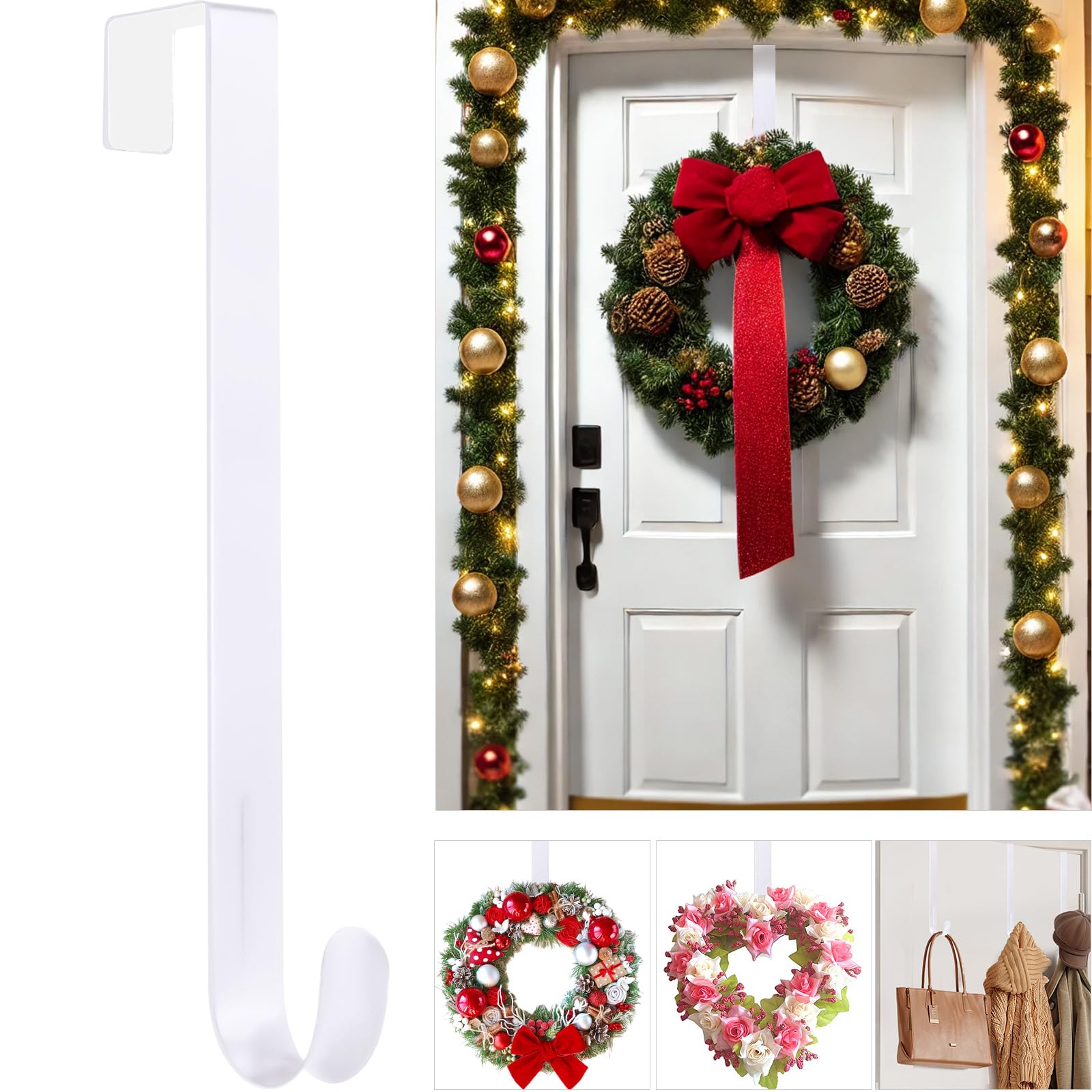 Photo 1 of 12" Metal Wreath Hanger for Front Door, Non-Scratch, 1 Pack White Wreath Hanger Heavy Duty, Over-the-Door Hooks for Hanging Welcome Sign, Wreath Holder for Easter, Halloween, Christmas Decorations