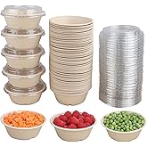 JAYEEY 10 oz Round Disposable salad bowls with lids, Sugarcane Fiber Paper Bowls take away food containers Plant Fibers Freezer Safe 50 Pack