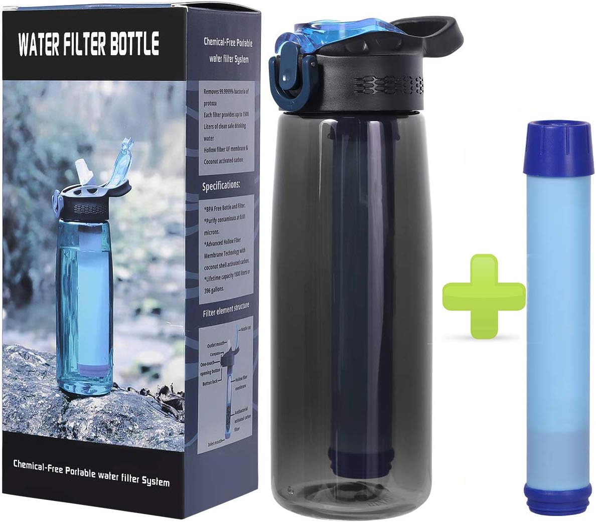 EJEAS Water Filter Bottles 22 Ounce Water Bolttle with 2 Replaceable 2-Stage Integrated Filter Straw BPA Free for Hiking, Camping, Backpacking and Travel