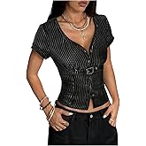 SOLY HUX Women's Short Sleeve Blouse Striped Metal Decor Button Front Casual Summer Tops