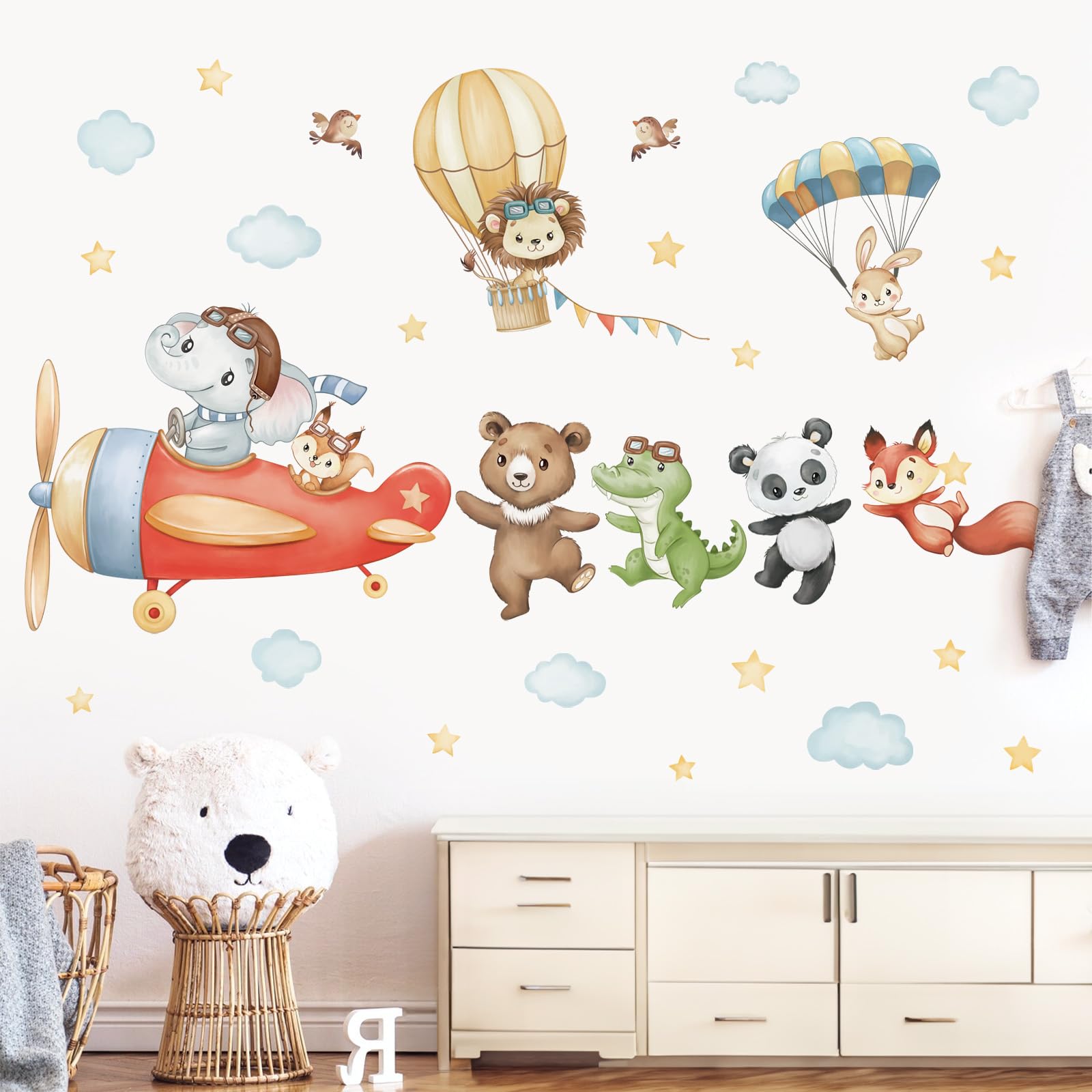 wondever Airplane Animals Wall Stickers Hot Air Balloon Animals Elephant Bears Panda Peel and Stick Wall Art Decals for Kids Bedroom Baby Nursery