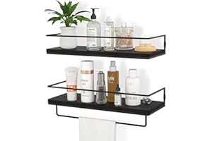 ZGO Floating Shelves for Wall Set of 2, Wall Mounted Storage Shelves with Black Metal Frame and Towel Rack for Bathroom, Bedroom, Living Room, Kitchen, Office (Black)