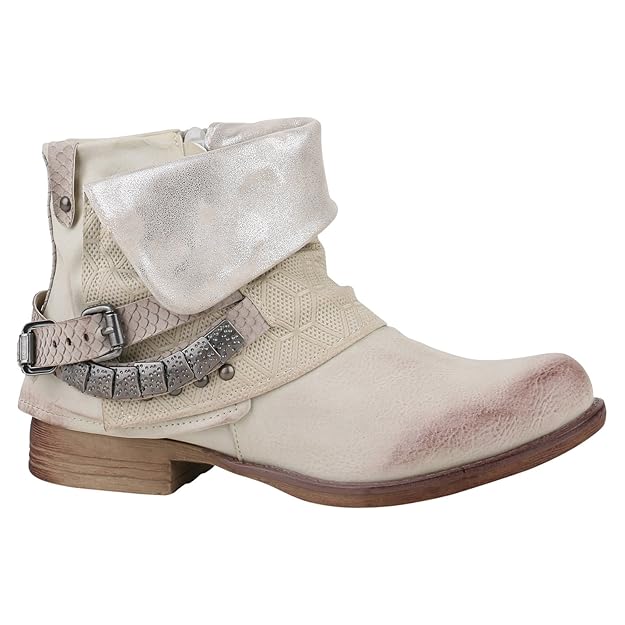 Stiefelparadies Damen Stiefeletten Biker Boots mit Blockabsatz Schnallen Nieten Flandell