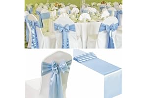 SATULGAU 100 PCS Satin Chair Sashes Decorative Bow Chair Sashes Ties Back Ribbon Bows Chair Cover Band for Wedding Birthday Party Ceremony Reception Events Banquet Home Kitchen Decor(7 x108 inch,Baby Blue)