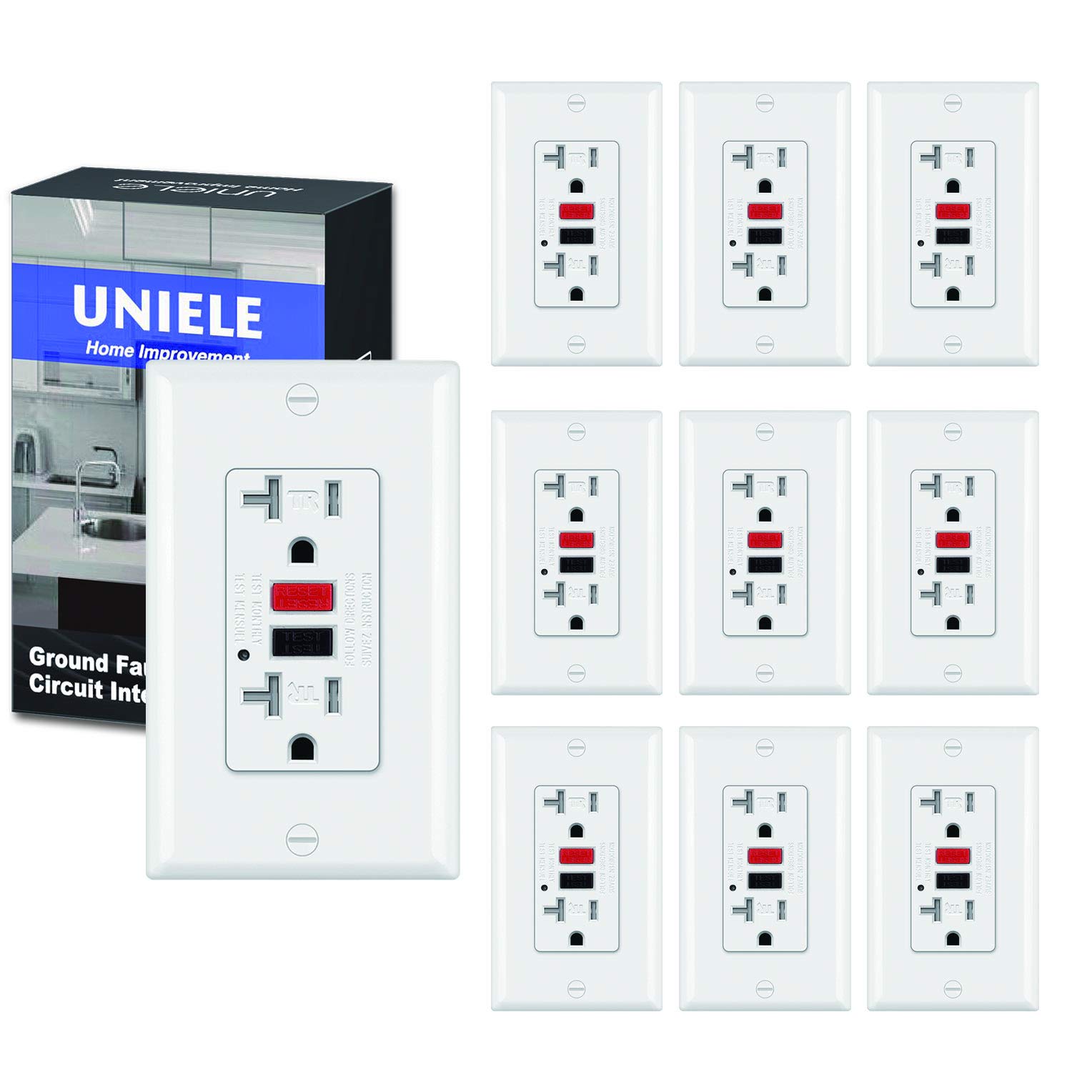 (10 Pack) UNIELE GFCI Receptacle Outlet, 20A/125V, Tamper-Resistant(TR) Ground Fault Circuit Interrupter Outlets with LED Indicator, Wallplate Included, White: Industrial & Scientific